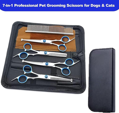 Dog Grooming Scissor, 7-in-1 Pet Grooming Scissor for Dogs, Professional Dog Grooming Kit with Safety Round Tips, Titanium Coated Cat Scissors Kit for Home Grooming (Blue)