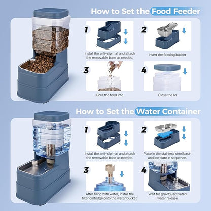 Automatic Cat Feeder and Water Dispenser with Stainless Steel Bowl with Ice Pack Gravity Food Feeder and Waterer Set Feeding Raised Bowls with Filter for Dog 1.3 Gallon x 2(Blue)