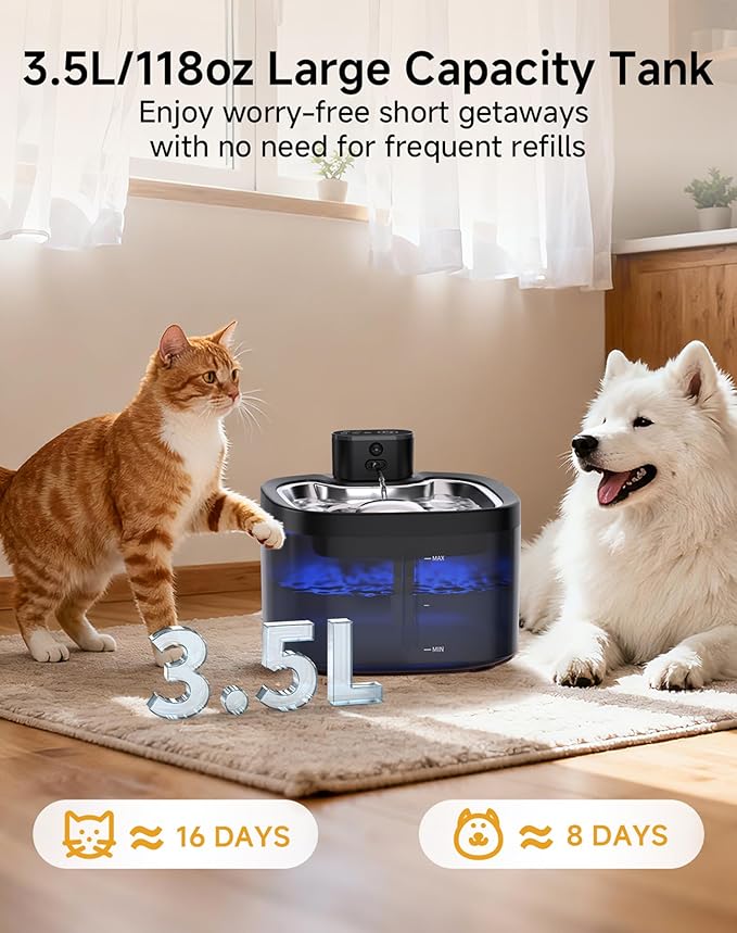 Cat Water Fountain Cordless: Battery Operated 118oz/3.5L Pet Water Fountain for Cats Indoor with Motion Sensor, Cat Drinking Fountains with Stainless Steel Tray, Ultra Quiet, Easy-to-Clean
