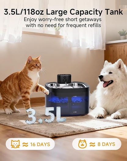 Cat Water Fountain Cordless: Battery Operated 118oz/3.5L Pet Water Fountain for Cats Indoor with Motion Sensor, Stainless Steel Tray, Ultra Quiet, Easy-to-Clean, Gifts for Cats, Dogs (8Filters)