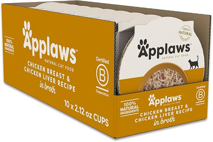 Applaws Natural Wet Cat Food in Broth, Limited and Natural Ingredients, High Protein with No Artificial Additives, Chicken Breast & Chicken Liver in Broth (10 x 2.12 oz Easy-Open Cups)