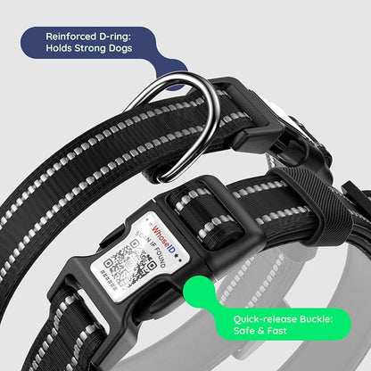 Airtag Dog Collar, Reflective Ultra-Durable Nylon Padded with QR Code Buckle & IP68 Waterproof Air Tag Holder Compatible for Apple AirTag, Comfortable for Small Medium Large Dogs(Black,L)