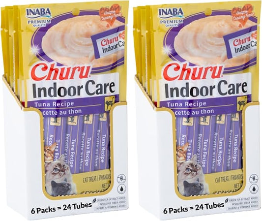 INABA Churu Hairball Control,Functional,Creamy Lickable Purée Cat Treat with Taurine & Vitamin E,0.5 Ounces Each,Tubes (4 per Package),Tuna Recipe - Packaging May Vary*,(Pack of 48)