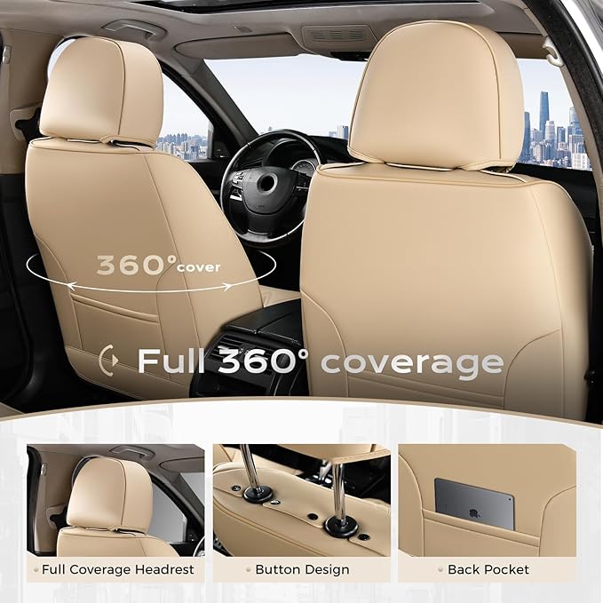 Coverado Seat Covers for Cars, 5 Seat Waterproof Seat Cover with Lumbar Support, Front and Rear Seat Covers, Luxury Leather Car Seat Protectors, Car Seat Cushions Universal Fit for Most Cars (Beige)