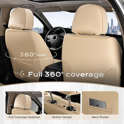 Coverado Seat Covers for Cars, 5 Seat Waterproof Seat Cover with Lumbar Support, Front and Rear Seat Covers, Luxury Leather Car Seat Protectors, Car Seat Cushions Universal Fit for Most Cars (Beige)