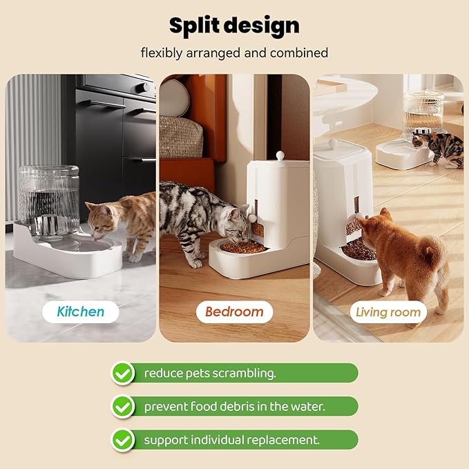 JUNSPOW Automatic Cat Feeder Dog Water Bowl Dispenser Set, Adjustable Food Dispensing & Keep Food Dry, Auto Pet Feeder and Waterer for Cats and Dogs