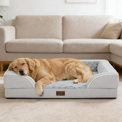 Orthopedic Dog Beds for Extra Large Sized Dogs, Waterproof Memory Foam XL Pet Bed with Sides 42x30Inch, Non-Slip and Egg-Crate Foam Big Dog Couch Bed with Removable Washable Cover, Light Grey
