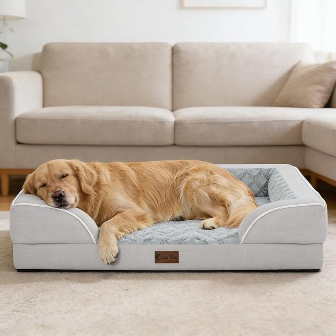Orthopedic Dog Beds for Large Sized Dogs, Waterproof Memory Foam Large Pet Bed with Sides 35x22Inch, Non-Slip and Egg-Crate Foam Big Dog Couch Bed with Removable Washable Cover, Light Grey