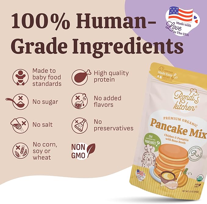 Rondi's Kitchen Organic Dog Pancake Mix - Natural Healthy Treat for All Dogs - Superfood Snack Made with Human-Grade Ingredients - Makes About 38 Pancakes - Chicken & Pumpkin with Bone Broth