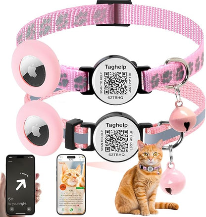 Smart Cat Collar Breakaway with QR Code & AirTag Holder, 2 Pack Reflective Kitten Collars with Safety Buckle - Dual Lost Pet Prevention, Online ID & Apple Tracking, Pink Pet Supplies Gifts