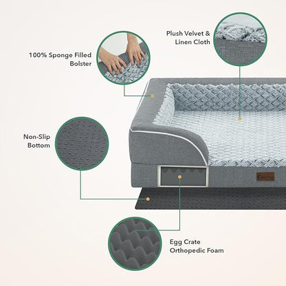 Orthopedic XXL Dog Beds, Waterproof Memory Foam Big Bolster Pet Bed for Extra Large Sized Dogs 53x42Inch, Non-Slip Bottom and Egg-Crate Foam Dog Couch Bed with Washable Removable Cover, Grey