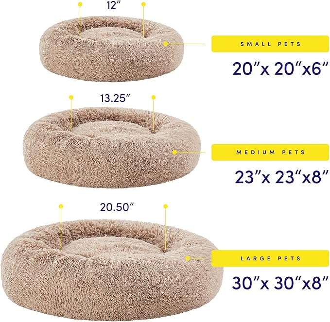 Dog & Cat Bed: Round Faux Fur Pet Bed - Plush, Cozy, & Calming Donut Bed for Large Pets - Soft & Comfortable Sleeping Cushion for Napping & Lounging, 30" Round, Taupe