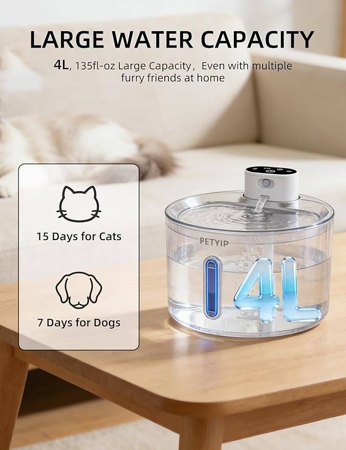 Cat Water Fountain Stainless Steel,135 Fl Oz/4L Wireless Automatic Cat Water Dispenser,5000mAh Battery Powered,for Cats & Dogs Indoor (Cat Fountain + 7 Set Filter)