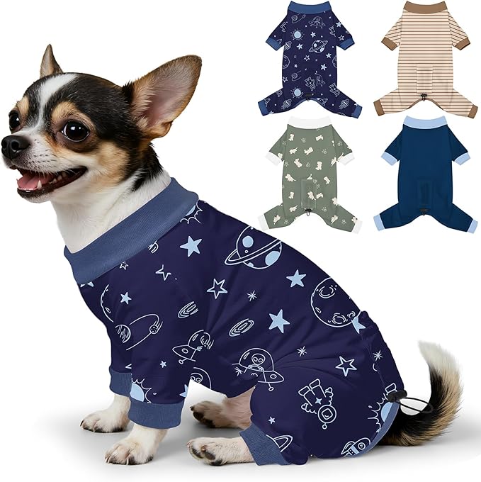 Bienbee Dog Pajamas, 4 Pack Dog Recovery Suit Shedding Suit Cute Soft Puppy Clothes Dogs Pjs Onesies Jammies Adjustable Breathable & Stretchy Clothes for Small Medium Large Dogs Girl Boy Puppy-XS