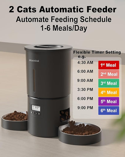 Miaosical Automatic Cat Feeder 2 Cats, 4.2L Dry Food Auto Dispenser with Double Bowls,Dual Power Supply,Programmable Portion Control,10s Voice Recorder(Black,Stainless Steel Bowls)