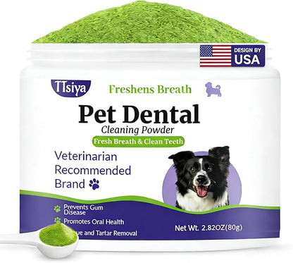 Dog Teeth Cleaning Powder, Pet Dental Powder -Dental Care, Dogs Breath Freshener with Probiotics for Tartar & Reduces Plaque & Bad Breath Teeth Cleaning for Small, Medium, Large Dogs 80g