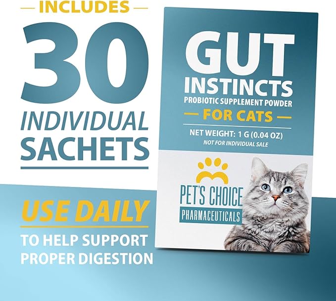 Pet’s Choice Gut Instincts Probiotic Powder Packets for Cats, 30 Count – Daily Digestive & Immune Support with Lactobacillus, Enterococcus, Inulin & Taurine – Chicken Liver Flavor