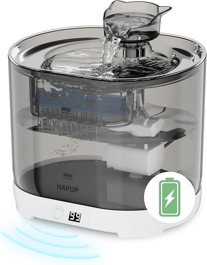 HAPUP Battery Operated Cat Water Fountain Battery Operated Cat Fountain Cordless Pet Water Fountain for Cats Quiet Cat Fountains for Drinking with Sensor 73OZ by Charging Base Filters