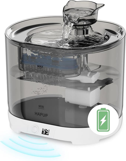 HAPUP Battery Operated Cat Water Fountain Battery Operated Cat Fountain Cordless Pet Water Fountain for Cats Quiet Cat Fountains for Drinking with Sensor 73OZ by Charging Base Filters