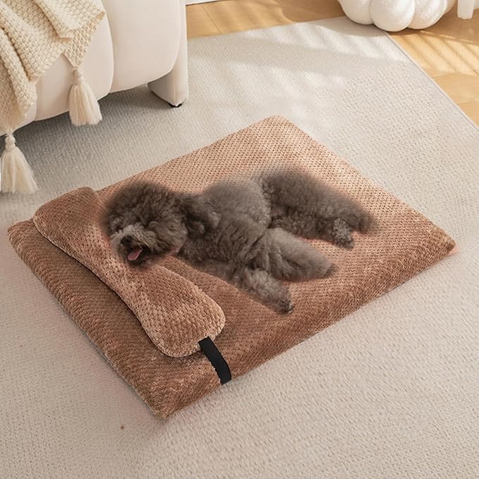huraty Dog Bed with Pillow for Small Dogs, Orthopedic Dog Bed with Removable Cover, Washable Pet Bed Mat Suitable for Pets Up to 5 lbs, Brown 17.7x11.8x2 in