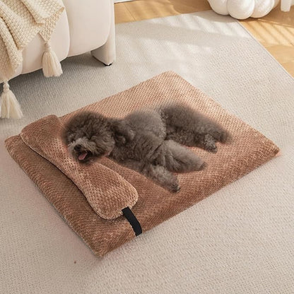 huraty Dog Bed with Pillow for Small Dogs, Orthopedic Dog Bed with Removable Cover, Washable Pet Bed Mat Suitable for Pets Up to 5 lbs, Brown 17.7x11.8x2 in