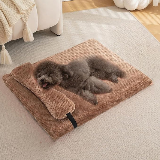huraty Dog Bed with Pillow for Small Dogs, Orthopedic Dog Bed with Removable Cover, Washable Pet Bed Mat Suitable for Pets Up to 5 lbs, Brown 17.7x11.8x2 in