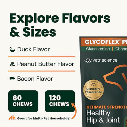 VetriScience Ultimate Strength Healthy Hip & Joint Chews, GlycoFlex Glucosamine,Chondroitin & Green-Lipped Mussel Support Supplement for Dogs, Soothe Joint Discomfort,Duck,60 Count (Pack of 2)