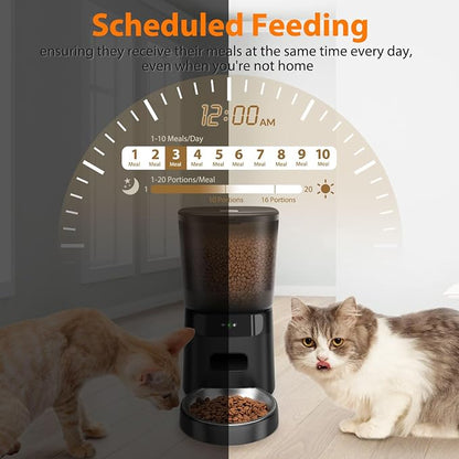 Automatic Cat Feeder WiFi, 5L Pet Feeder with App Control, 10 Meals Daily, 20 Portion Sizes, Timed Automatic Cat Food Dispenser, Stainless Steel Bowl, Dual Power Supply, Dry Food Feeder for Cats