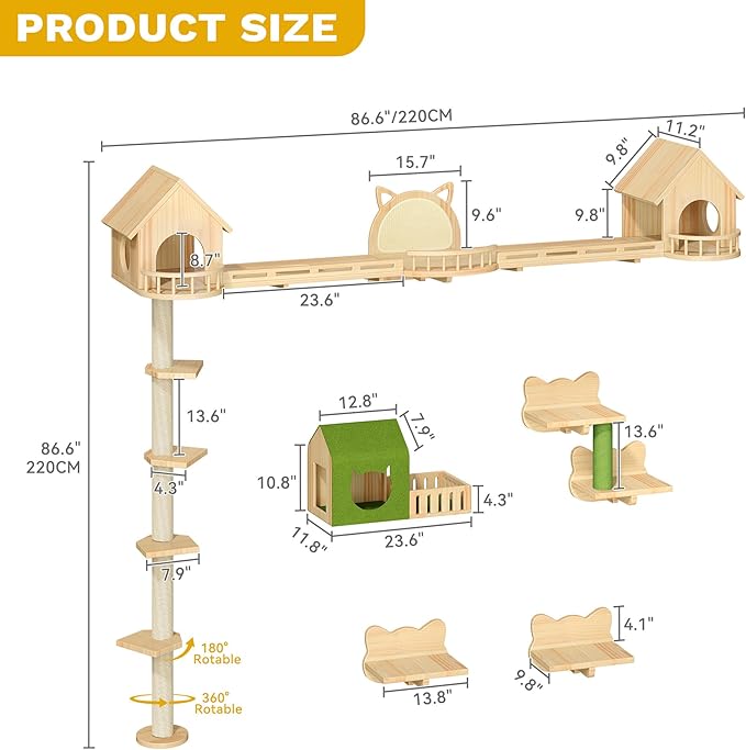 YITAHOME Cat Wall Shelves with Scratching Post, Cat Tower with Solid Wood Wall Shelves, Multi-Level Cat Climbing Furniture with Hideout & Runway
