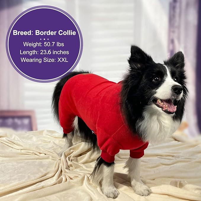 cyeollo Dog Pajamas for Medium to Large Sized Dogs Fleece Dog Pjs Warm Doggie Onesie Jumpsuit Stretchable Winter Coat Pet Clothes Girl Boy, Color Red