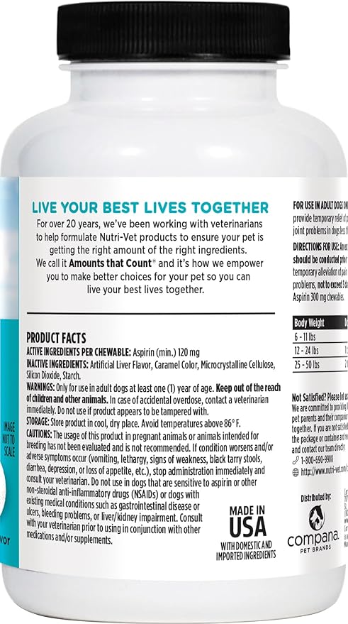 Nutri-Vet Aspirin for Dogs, Arthritis Pain Relief, Small Dog Aspirin, Inflammation Relief, Joint Support for Seniors, 120mg per Tablet, Under 50 lbs, 100 Count