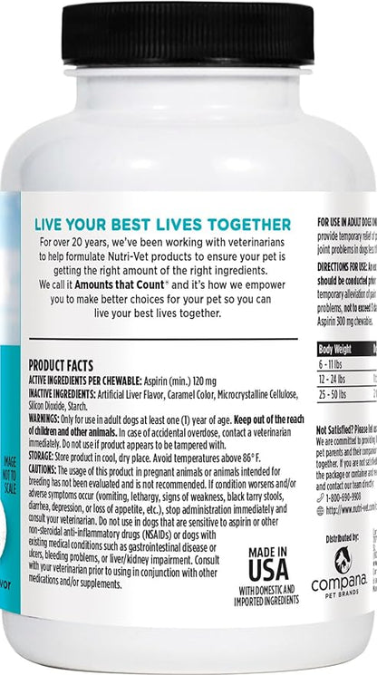 Nutri-Vet Aspirin for Dogs, Arthritis Pain Relief, Small Dog Aspirin, Inflammation Relief, Joint Support for Seniors, 120mg per Tablet, Under 50 lbs, 100 Count