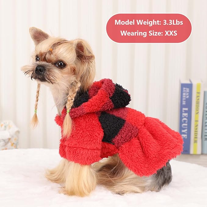Dog Sweater Fleece Dog Hoodie Winter Puppy Clothes for Small Dogs Boy Girl Pet Cold Weather Doggie Coats Fall Doggy Sweatshirt for Chihuahua Yorkie Cat Sweater Costume, Red Plaid, XS