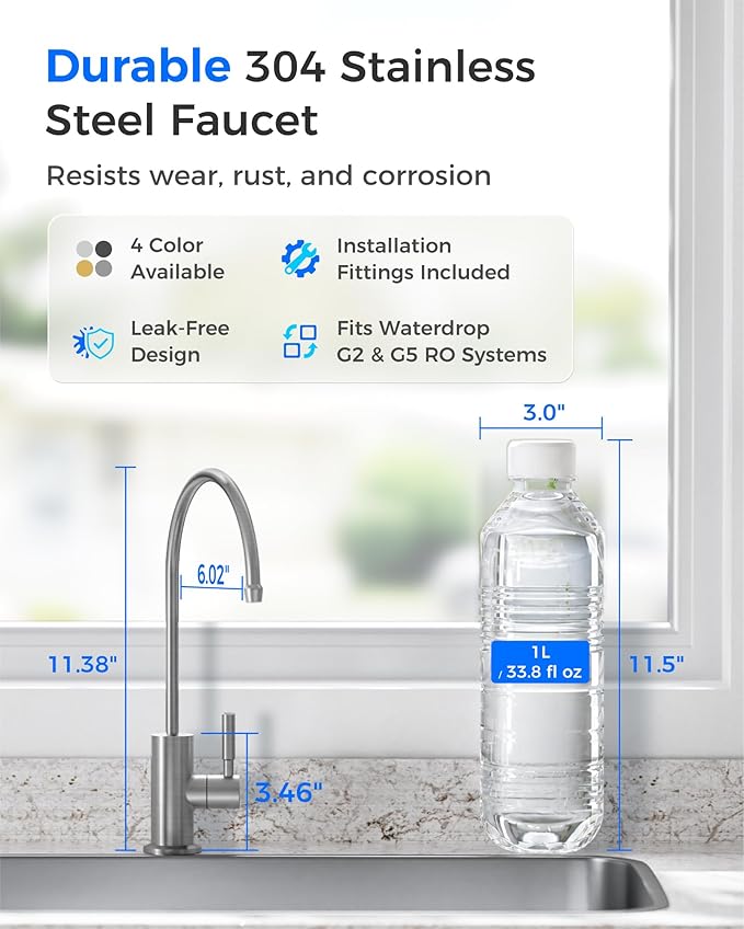 Waterdrop G2FCT-BN Drinking Water Faucet, NSF/ANSI 372 Certified, Brushed | RO Water Filter Faucet for Kitchen Bar Sink, Lead-Free, 304 Stainless Steel, Single Handle, 360° Swivel Spout