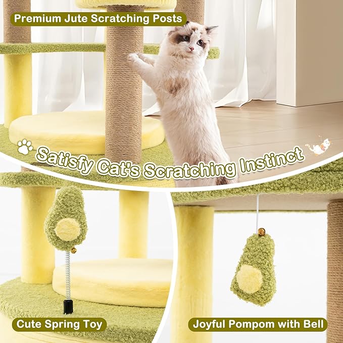 PETSITE 62.5 Inch Avocado-Themed Cat Tree, Multi-Level Modern Cat Tower with Jute Scratching Posts, Cat Condo, Dangling and Spring Toy, and Removable Cushions, Cute Cat Tree Tower for Indoor Cats