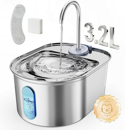 Stainless Steel Cat Water Fountain, 108oz/3.2L with 1 Filter | Auto Shut Off, Quiet Pump, Water Level Indicator, Dry-Run Protection, Large Oval Pet Water Dispenser for Cats and Dogs