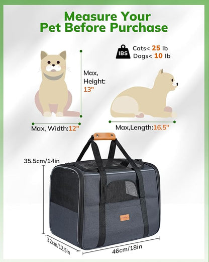 Morpilot Pet Carrier for Large Cats, Puppies & Small Dogs Up to 25lbs, Escape-Proof with Locking Zippers, Dual-Sided Cushion, Safety Buckle for Car & Vet Travel, Includes Foldable Bowl (Dark Gray)