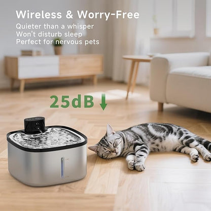 Cat Water Fountain Stainless Steel, 118oz/3.5L Cordless Automatic Pet Water Dispenser for Cats Indoor, with Motion Sensor, Ultra Quiet Pump, Rechargeable & Multi-Filtration (Silver)