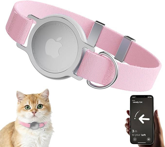 AirTag Cat Collar, Ultra Elastic Cat Tracker Collar with Apple Air Tag Holder, [Lightweight & Scratch Resistant] Stepless Adjustable GPS Pet Tracking Collars for Cats Kittens (Pink)