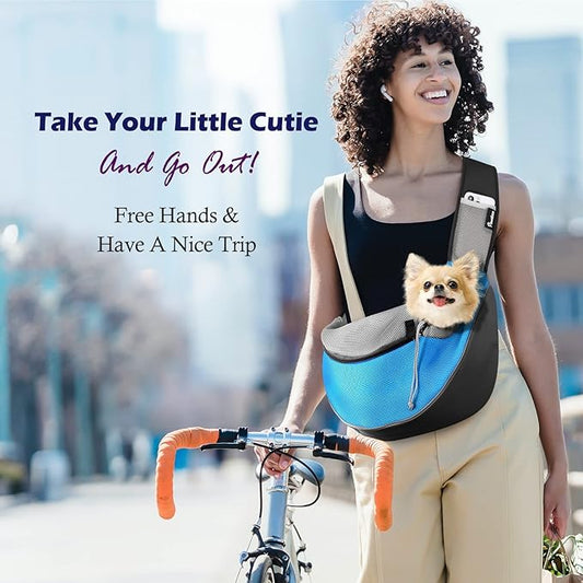 Pawaboo Pet Dog Sling Carrier, Hand Free Drawstring Dog Papoose with Adjustable Strap, Breathable Mesh Bag for Puppy Cat, Crossbody Satchel Dogs Purse with Pocket for Outdoor Travel, Light Blue, Small