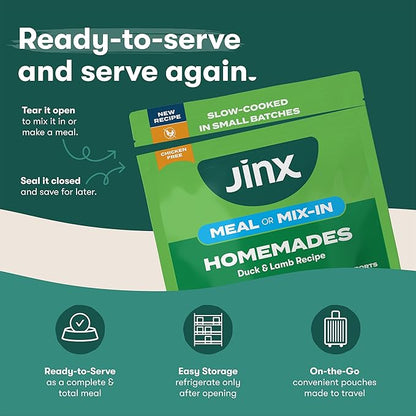 Jinx Wet Dog Food Pouches, Meal or Dog Food Topper Mix with Dry Dog Food, Made with Real Lamb & Duck, Bone Broth, No Fillers, Puppy, Adult, Senior, 9oz, 6 Pack