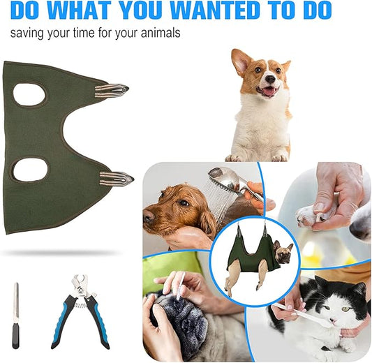 Kkiimatt 10 in 1 Pet Dog Grooming Hammock Harness with Nail Clipper,Dog Hammock for Nail Trim,Grooming Sling Holder Hanger Restraint for Claw Care (XXL+ / 100LB Max, Khaki Green)