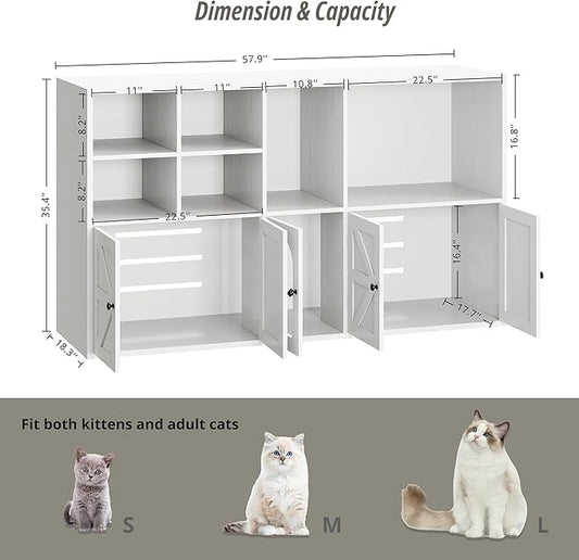 IRONCK Cat Litter Box Enclosure for 2 Cats, Litter Box Furniture Hidden with Double Room and Large Storage Space, Wooden Washroom Furniture, Cat House, White