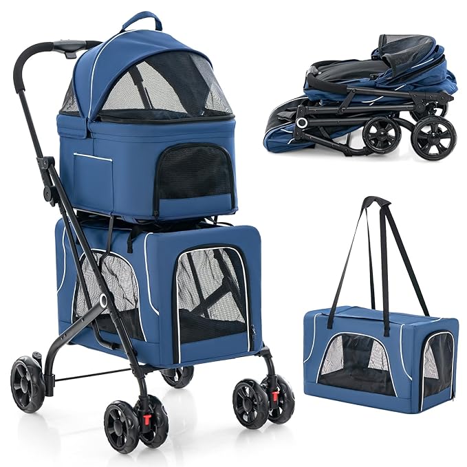 Pet Stroller with Detachable Carriers, Adjustable Cat Stroller for Small & Medium Pets, 4-in-1 Cat Carriers with Safety Belt and Lockable Wheels, Navy Blue