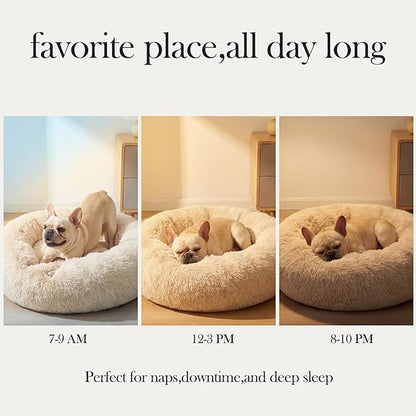 Calming Donut Dogs Beds for Small Dogs Washable,28inch Plush Round Pet Bed for Cozy Sleep,Fluffy Faux Fur Large Cat Bed,Fits up to 30 lbs Pets,Beige