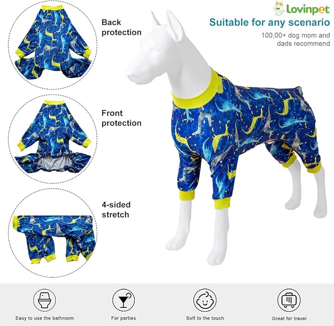 LovinPet Large Dog Pj - Pet Anxiety Calming Shirt, Dog Jammies for After Surgery, Lightweight Fabric, Blue Dragon Print, Pitbull Clothes, Long-Sleeved 4 Leg Style Pullover Dog Onesie, Dark Blue L
