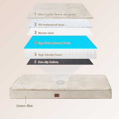 EHEYCIGA Orthopedic Dog Bed Waterproof 41"x27", Memory Foam Pet Bed for XLarged Dogs, Washable Pet Mat with Removable Cover, Beige