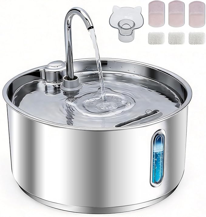 Stainless Steel Cat Water Fountain, 135oz/4L Automatic Pet Water Dispenser with 3 Replacement Filters & 2 Replacement Water Outlets, Quiet Indoor Drinking Fountain for Cats Dogs, Water Level Window