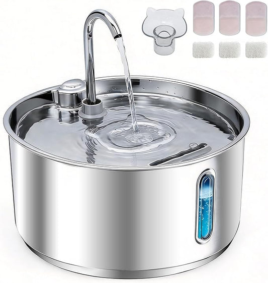Stainless Steel Cat Water Fountain, 135oz/4L Automatic Pet Water Dispenser with 3 Replacement Filters & 2 Replacement Water Outlets, Quiet Indoor Drinking Fountain for Cats Dogs, Water Level Window