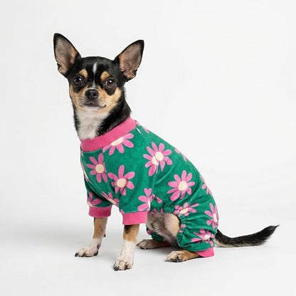 Fitwarm Flower Fleece Dog Pajamas, Warm Winter Dog Clothes for Small Dogs Girl, Cozy Pet Onesie with Feet, Dark Green, XXL